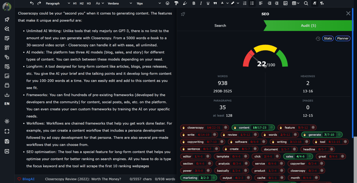 Closerscopy SEO report